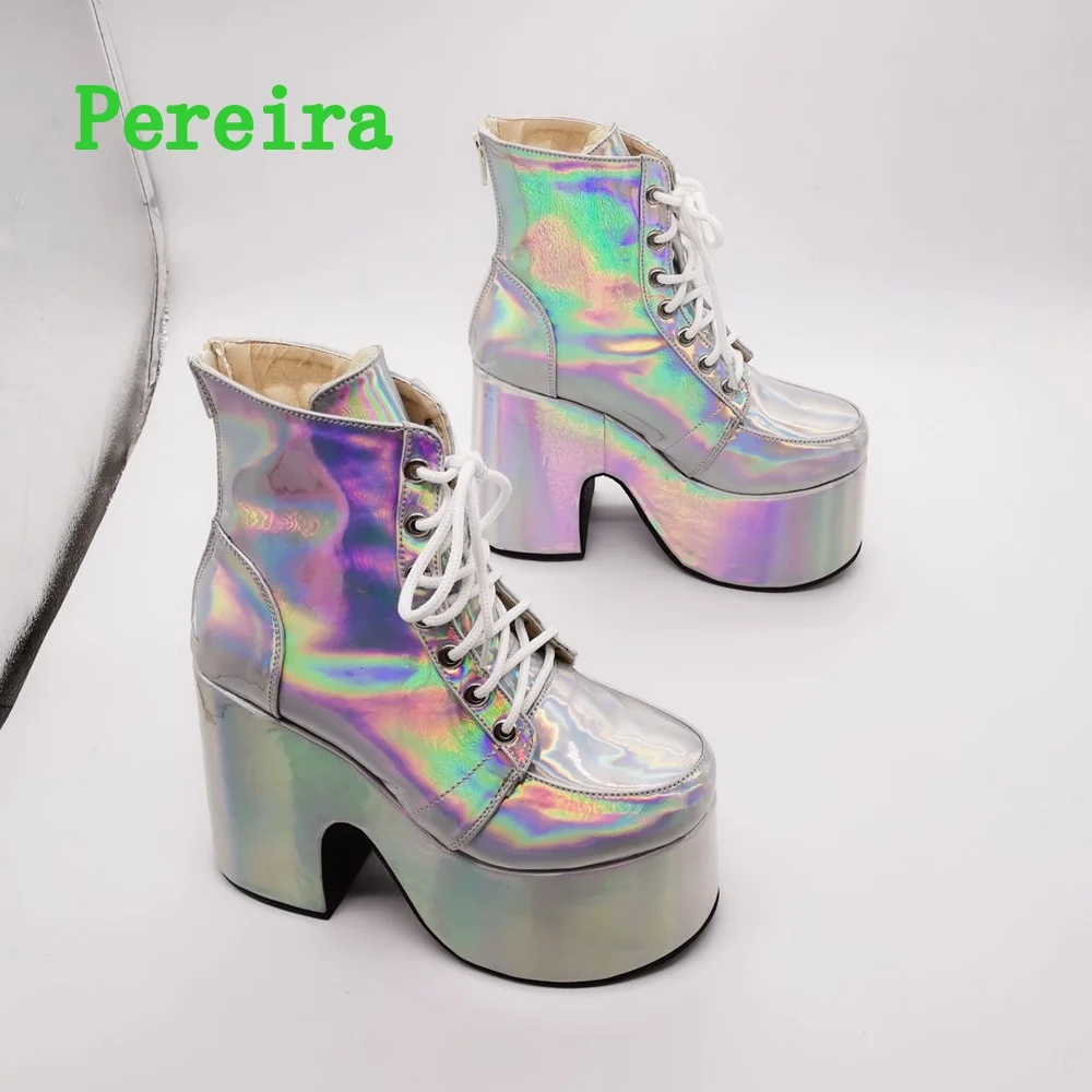 Shiny Purple Ankle Boots Women's 2024 New Arrival Platform Round Toe Chunky Heel Cross Straps Sexy Fashion Show Party Shoes