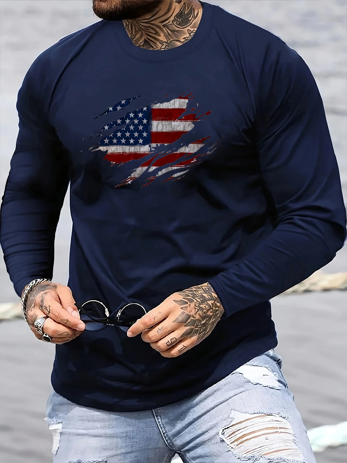 Men's 100% pure cotton loose and comfortable casual sports American flag pattern printed round neck long sleeved T-shirt top