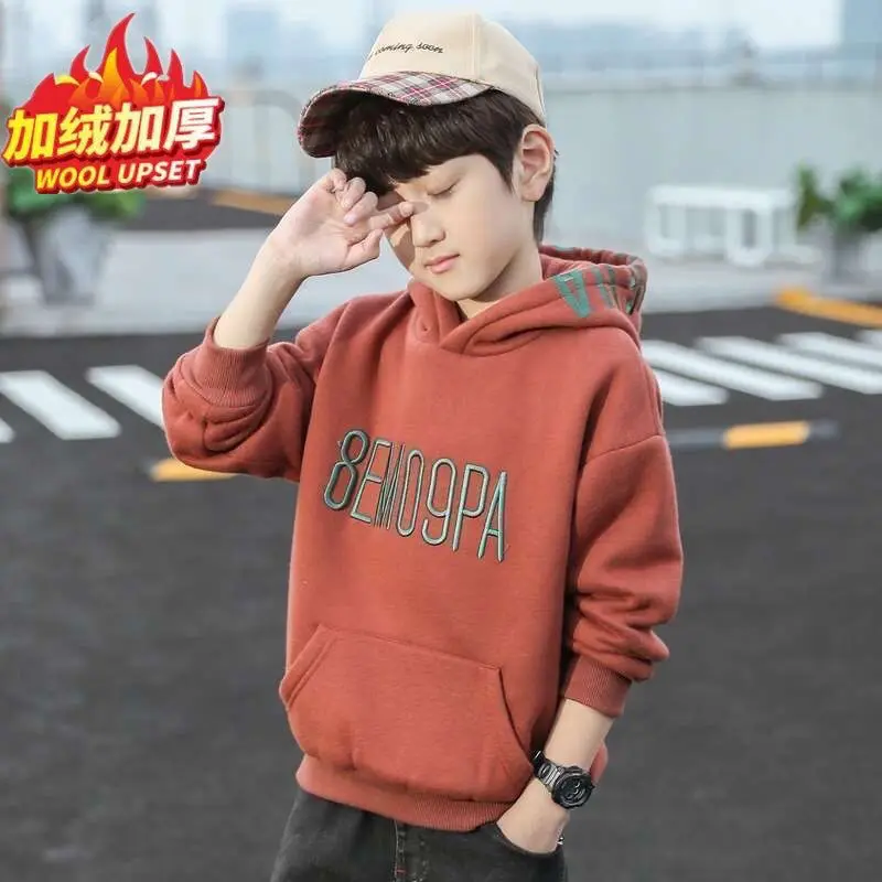 Children's Letters Autumn and Winter Fleece-Lined Thickened New Hooded Children's Western Style Top Sweater Clothing