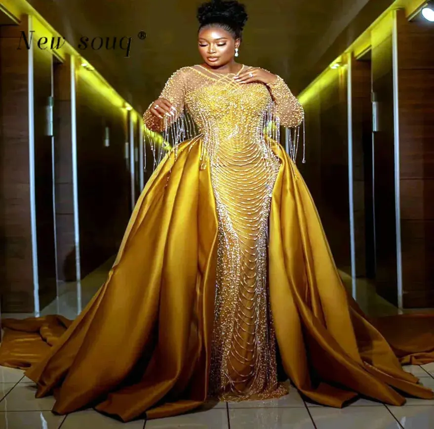 

Plus Size Aso Ebi Arabic Gold Mermaid Evening Dresses with Detachable Train Luxury Heavy Beading Tassels Overskirts Party Gowns