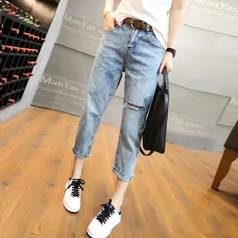 Y2k2023 New Spring And Autumn High-waisted Ripped Jeans Female Thin Haren Pants Small Nine Straight Leg Pants