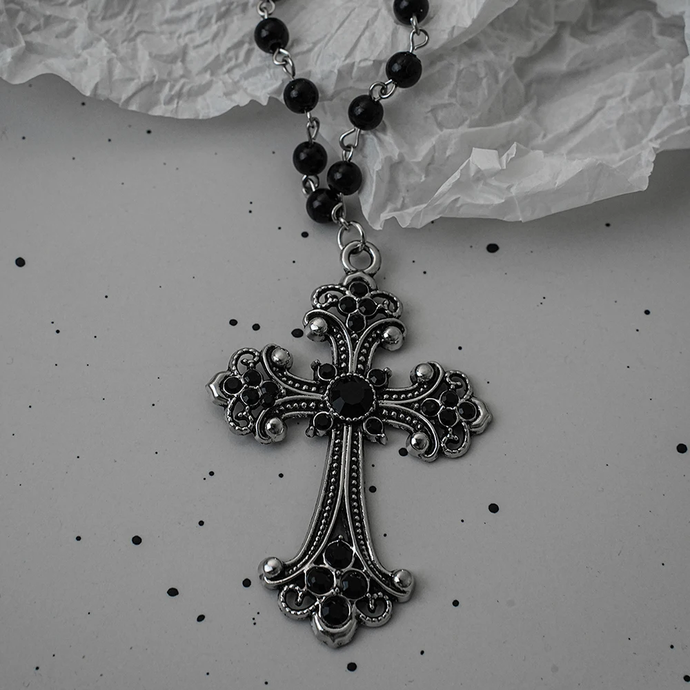 Gothic Bat & Cross Pendant Necklace Set with Black Bead Accents