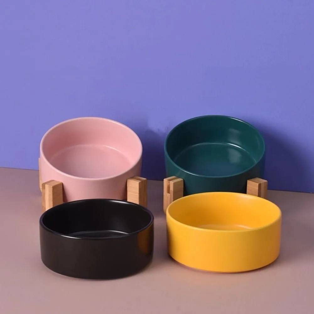 Large Caliber Ceramic Cat Bowl Anti-Overturn Cervical Spine Cat Water Food Bowl with Wooden Rack No Spill Slow Feeder Bowl