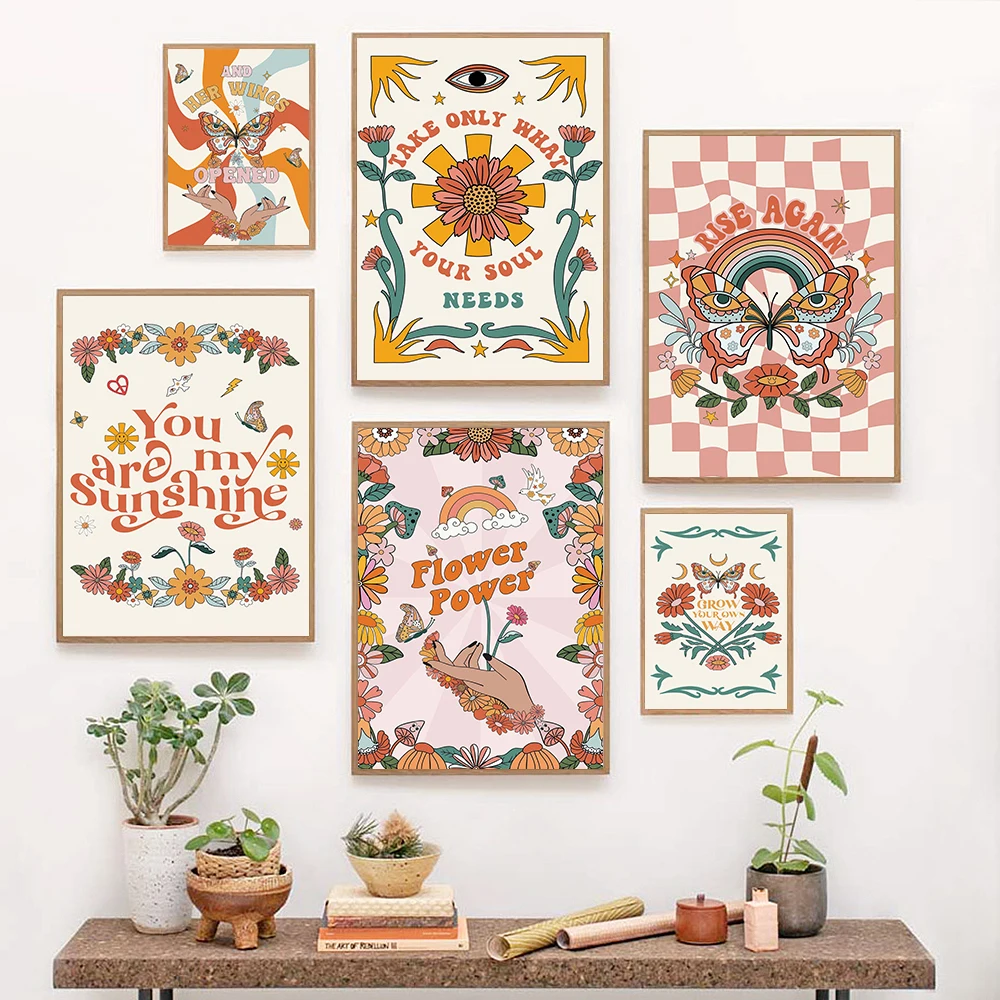 

Trendy Art Prints Aesthetic Poster Retro Affirmation Quote 70s Floral Pattern Wall Pictures Boho Home Decor Canvas Painting