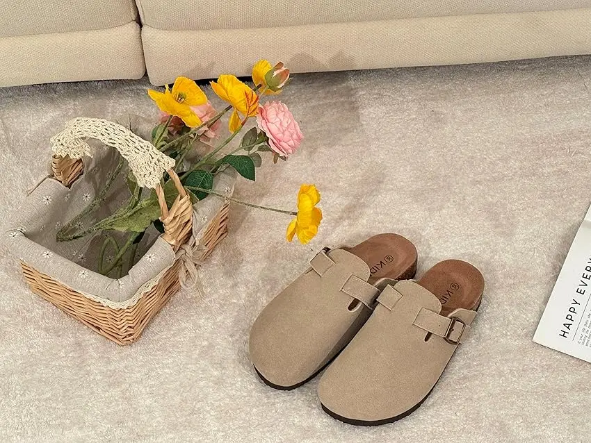 CRACOMIN Kork-Clogs Hausschuhe Damen Slip-on Herren Klassische Leder-Pantoletten Korkfußbett Sandalen Modische Strand-Slides Flache Hausschuhe – Detail 4