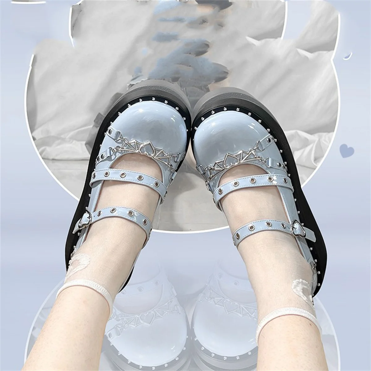 

Vintage Dark Punk Style Cosplay Victorian Girls Shoes Lolita Round Head Thick Bottom Chain Love Cross Rivet 3-5cm High Heel Shoe