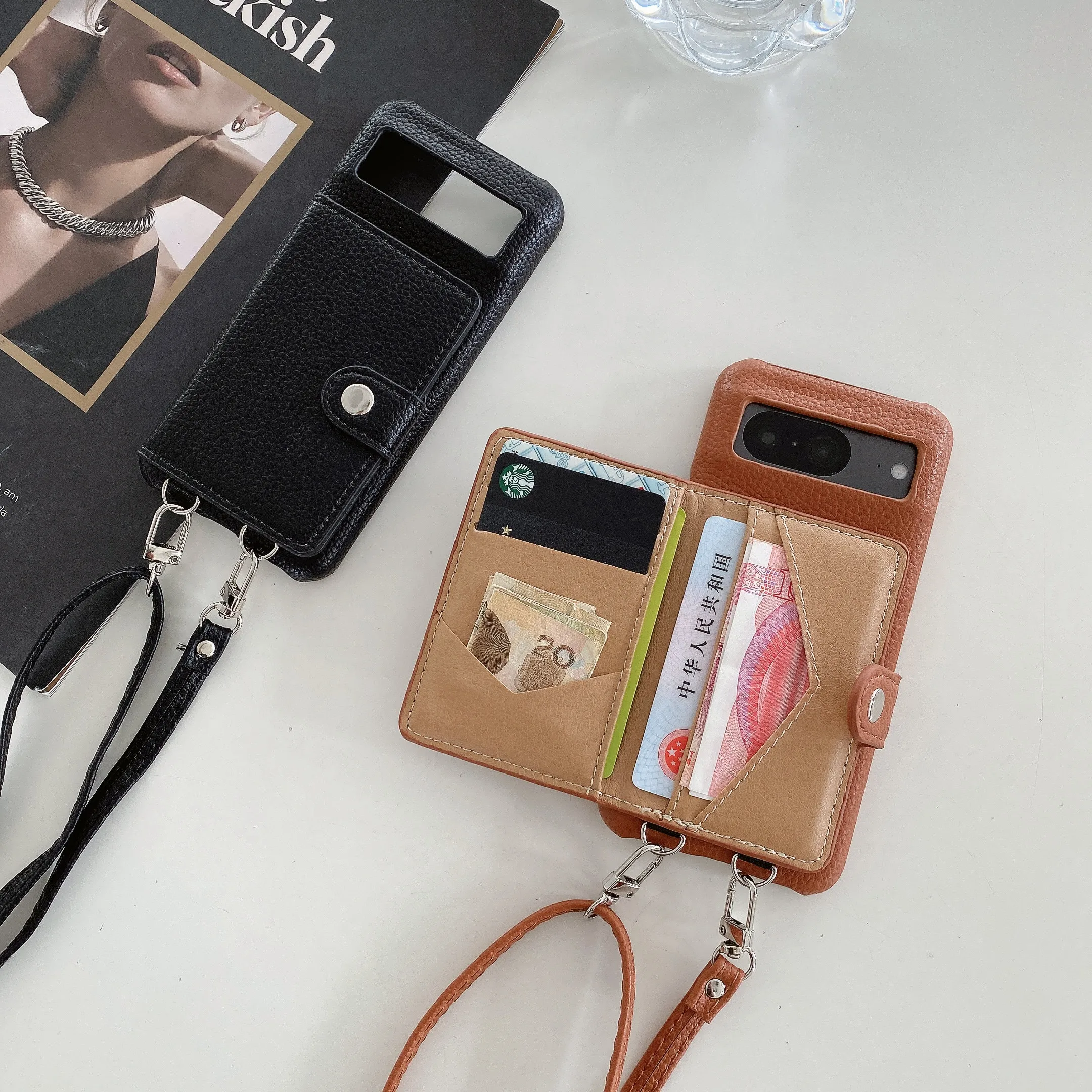 Crossbody Litchi Leather Card Holder Wallet Case For Google Pixel 8 Pro 7A 7 6A 6, Shockproof Stand Matte Soft Touch Phone Cover