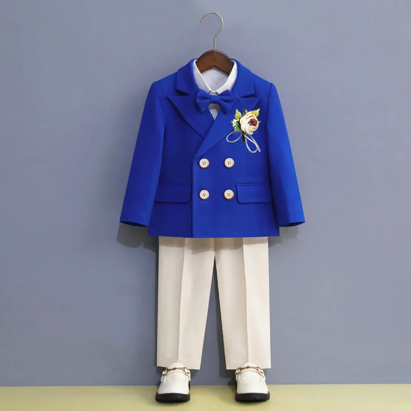 

Boys Elegant Royal Blue Suit For Wedding Kids Jacket Pants Bowtie Flower 4PCS Ceremony Tuxedo Dress Children Photograph Costume