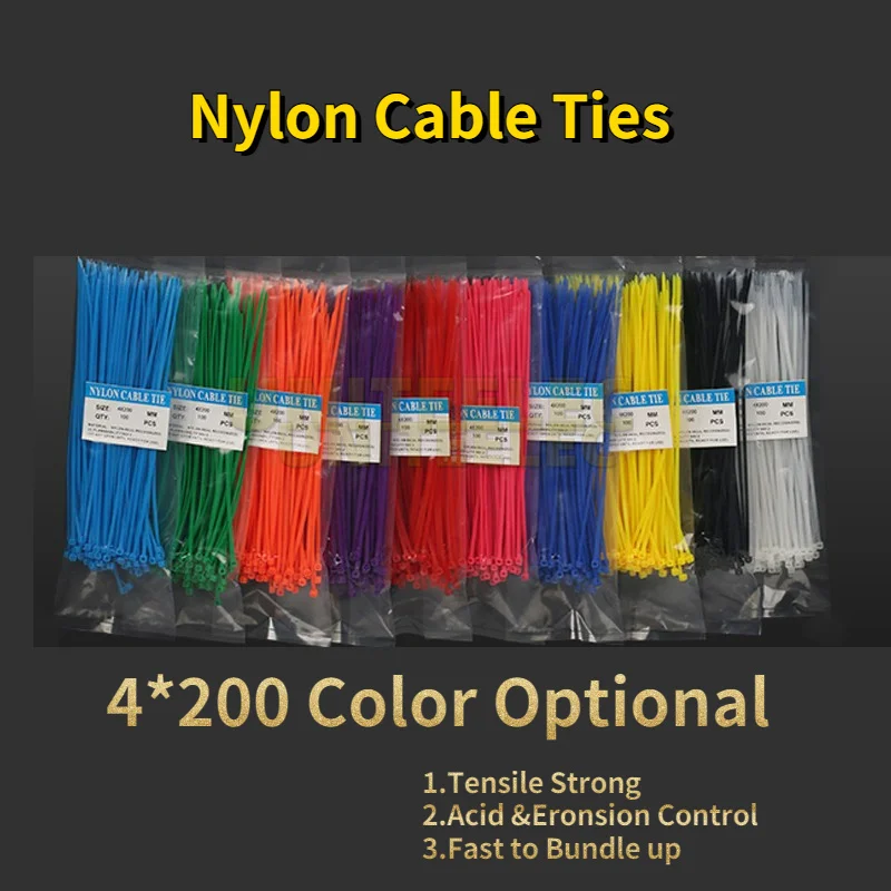 

100 Pcs/Lot 4x200mm 4*200 Red /Yellow/Blue/Colorful Self-locking Plastic Cable Zip Ties fastening ring Wire Cable Management