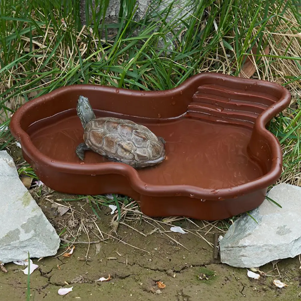 

Turtle Water Bowl Bathtub with Anti-slip Ladder Drainage Hole for Tortoise Habitat Landscaping Water Basin for Turtle Safe Basin