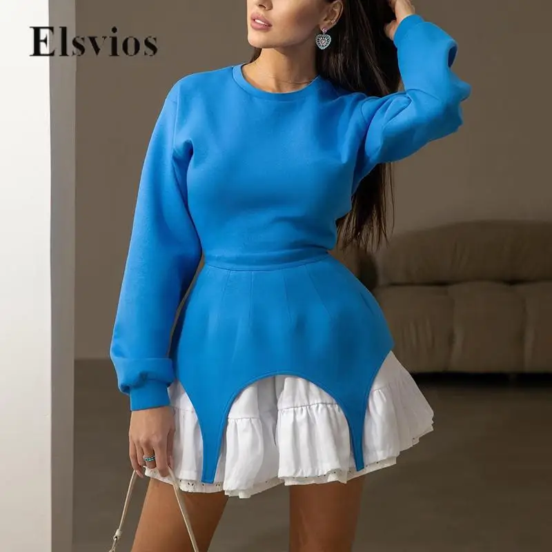 

Spring Autumn Long Sleeve Sweatshirt Dress Fashion Pleat Ruffle Cake Contrast Design Mini Dress Casual Women O Neck Party Dress