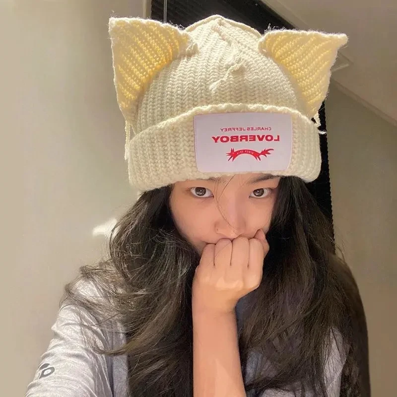 Loverboy Cat Ear Knit Hat Double-layer 