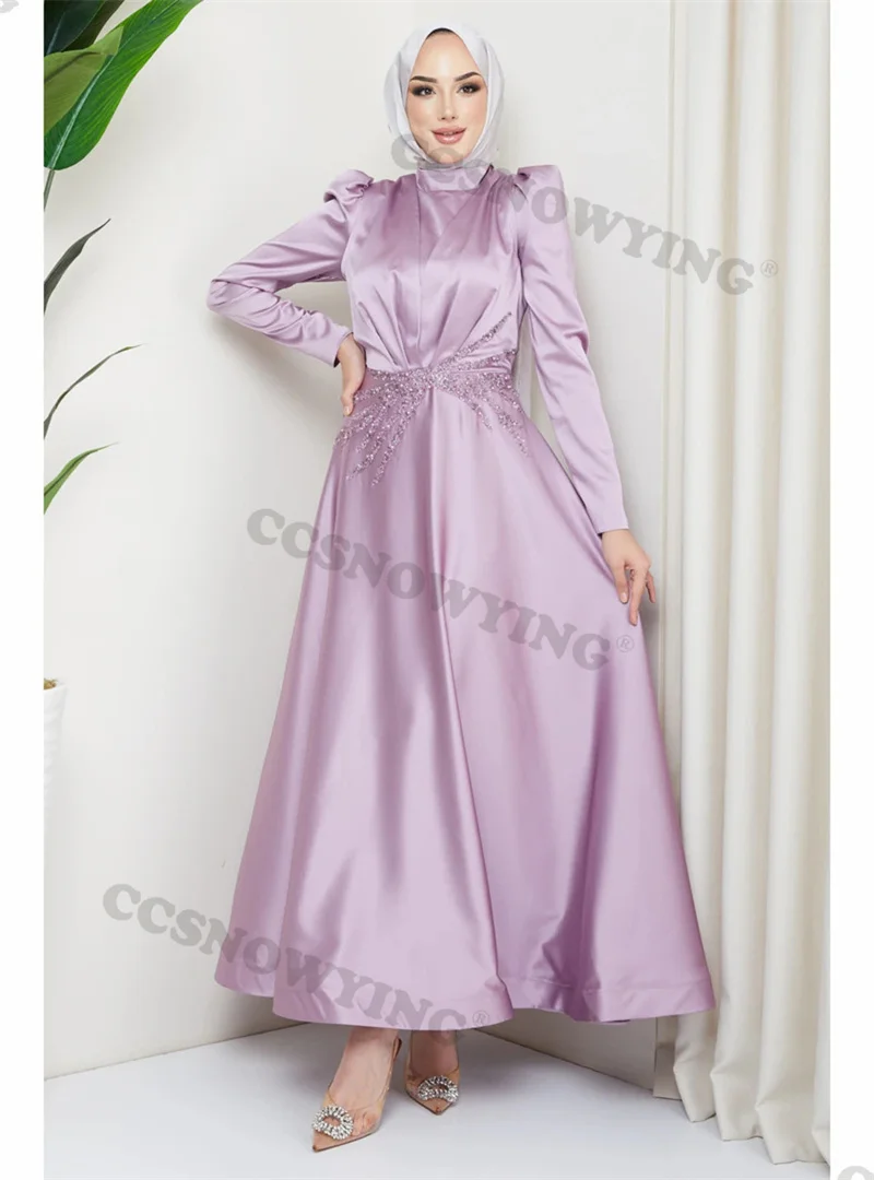 

Appliques Beaded Muslim Evening Dresses Satin Long Sleeve Islamic Formal Party Gown Women Hijab Arabic Kaftan Robe De Soiree