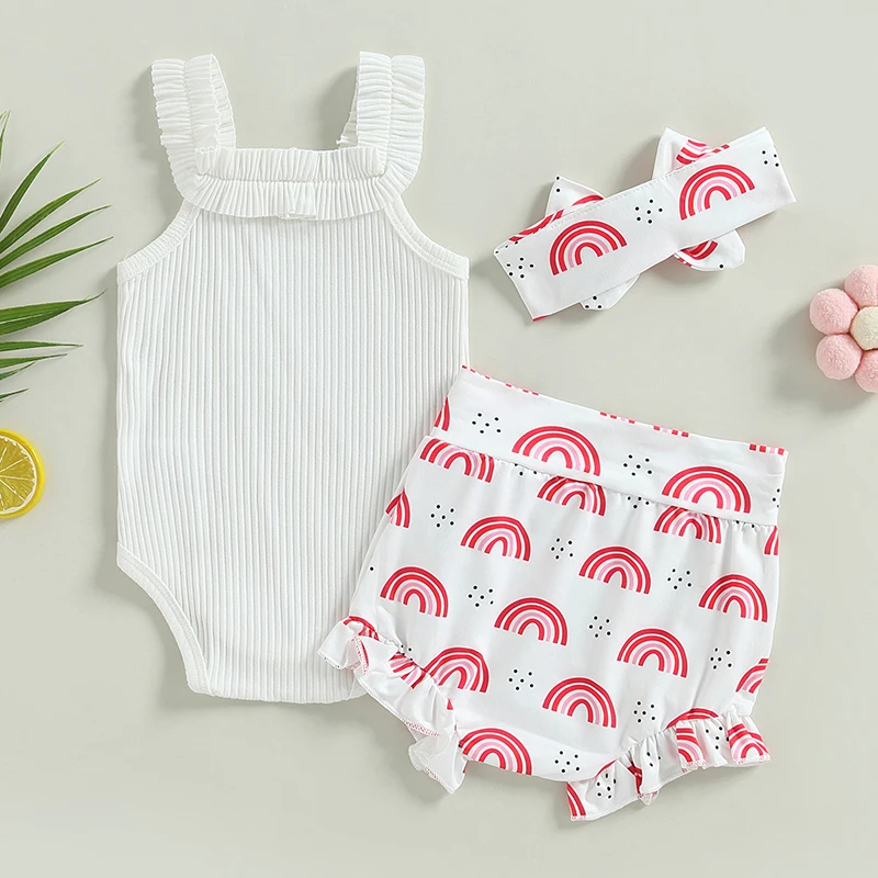 

Newborn Baby Girls Shorts Set Sleeveless Knit Romper Bodysuit Floral Ruffle Bloomer Shorts Outfit Summer Clothes