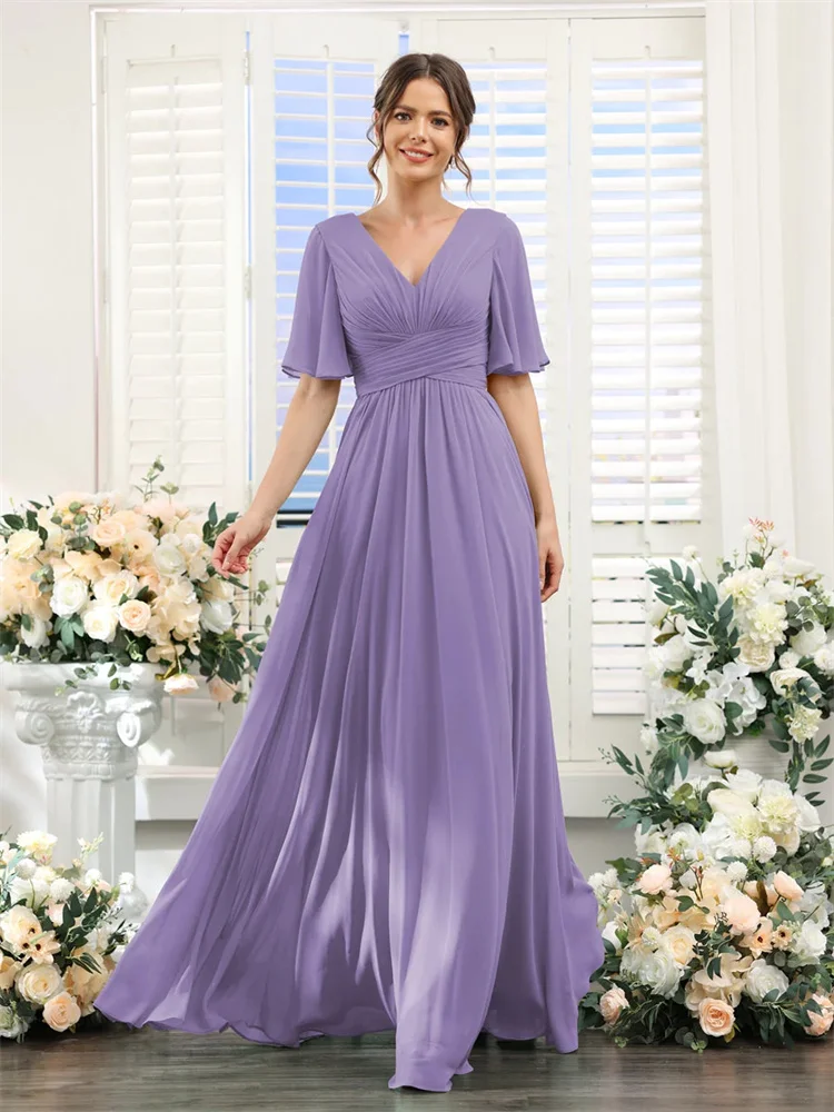 A-Line V-Neck Half Sleeves Split Side Floor Length Chiffon Bridesmaid Dresses With Pockets Elegant Dresses for Weddings Guest