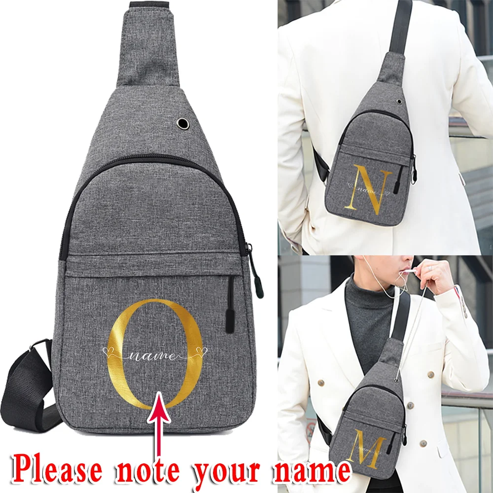 Multifunction Men Chest Bag Customized Name Crossbody Bag Letter Print Anti-theft Travel Bag Male USB Charging Chest Pack