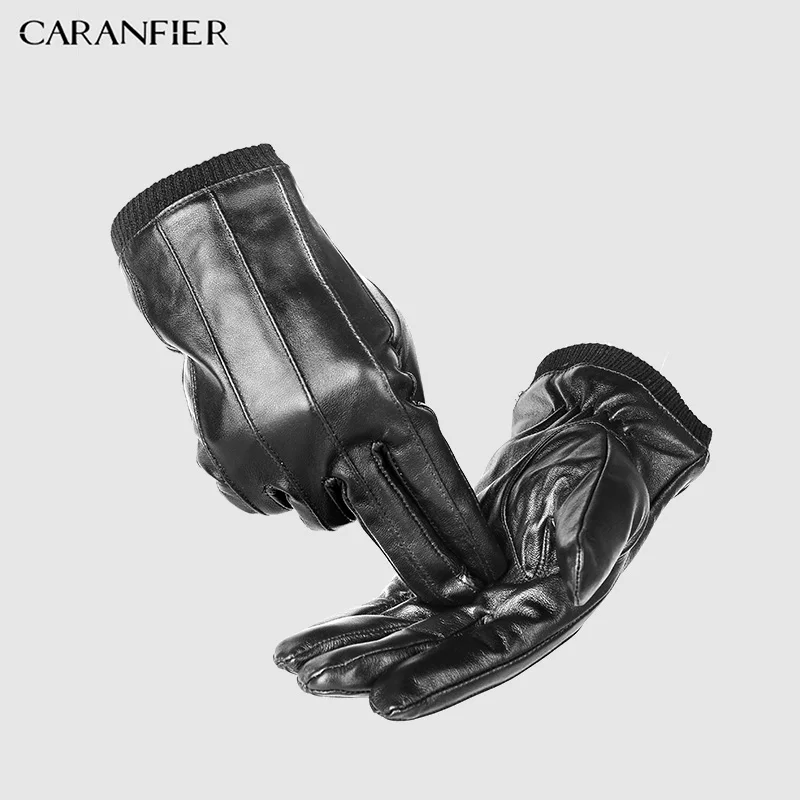 CARANFIER Men Top Genuine Sheepskin Gloves Winter Outdoor Plus Velvet Warm Man Guante Touch Screen Elastic Wrist Driving Riding