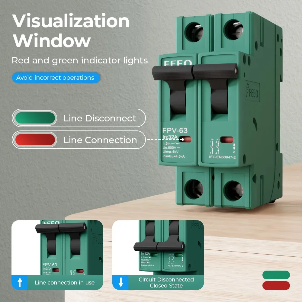 FPV-63 2P DC Breaker On Din Rail Electric Circuit Breaker Switch 550/ 800V MCB for Solar Protection PV CE Certification