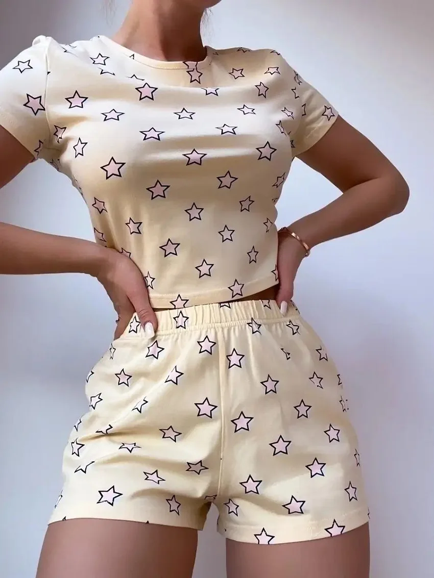 Marthaqiqi Printing Femme Nightgowns Set O-Neck Sleepwear Crop Top Nightie Short Sleeve Pajama Shorts Women Pyjamas 2 Piece Suit