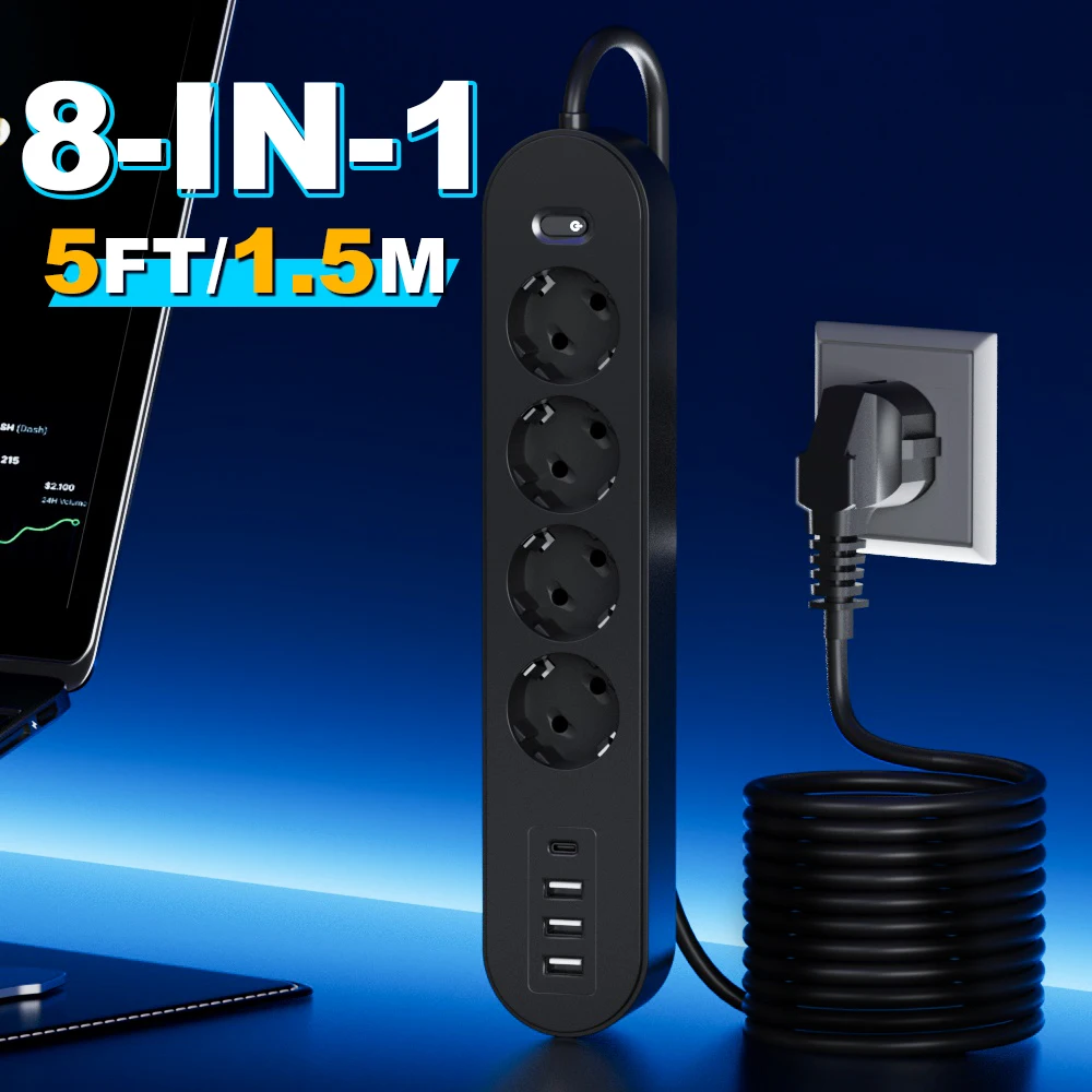 1 High-End 8-in-1 Power Strip with Overload Protection, One Master Switch, 4 Ac Outlet Sabfa25eea4c04f849c673ab8e66e0228O