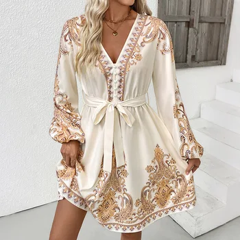 Mini abito elegante a maniche lunghe da donna 2025 Autunno Inverno Scollo a V Abiti da festa con fasce larghe Casual 1