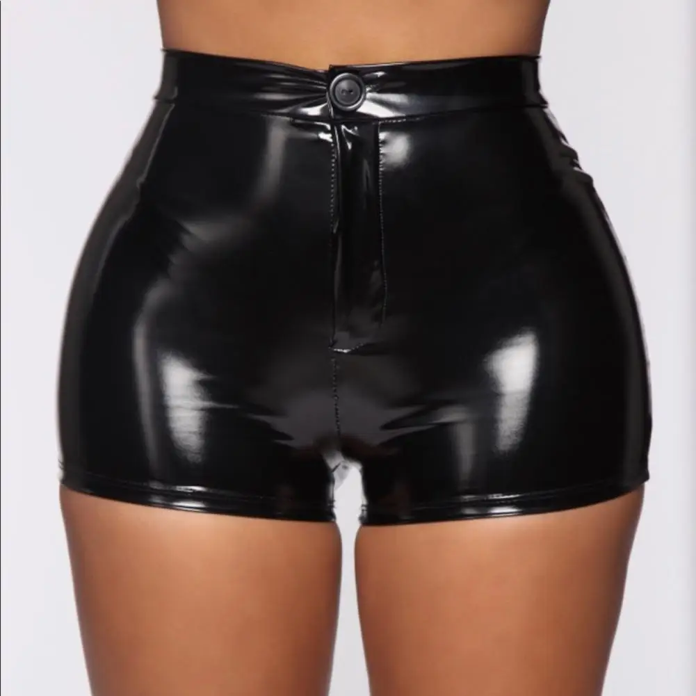 

Solid Color Summer Shorts Glossy Surface Women Club Faux Leather Shorts Unique Summer Faux Leather Shorts Club Wearing