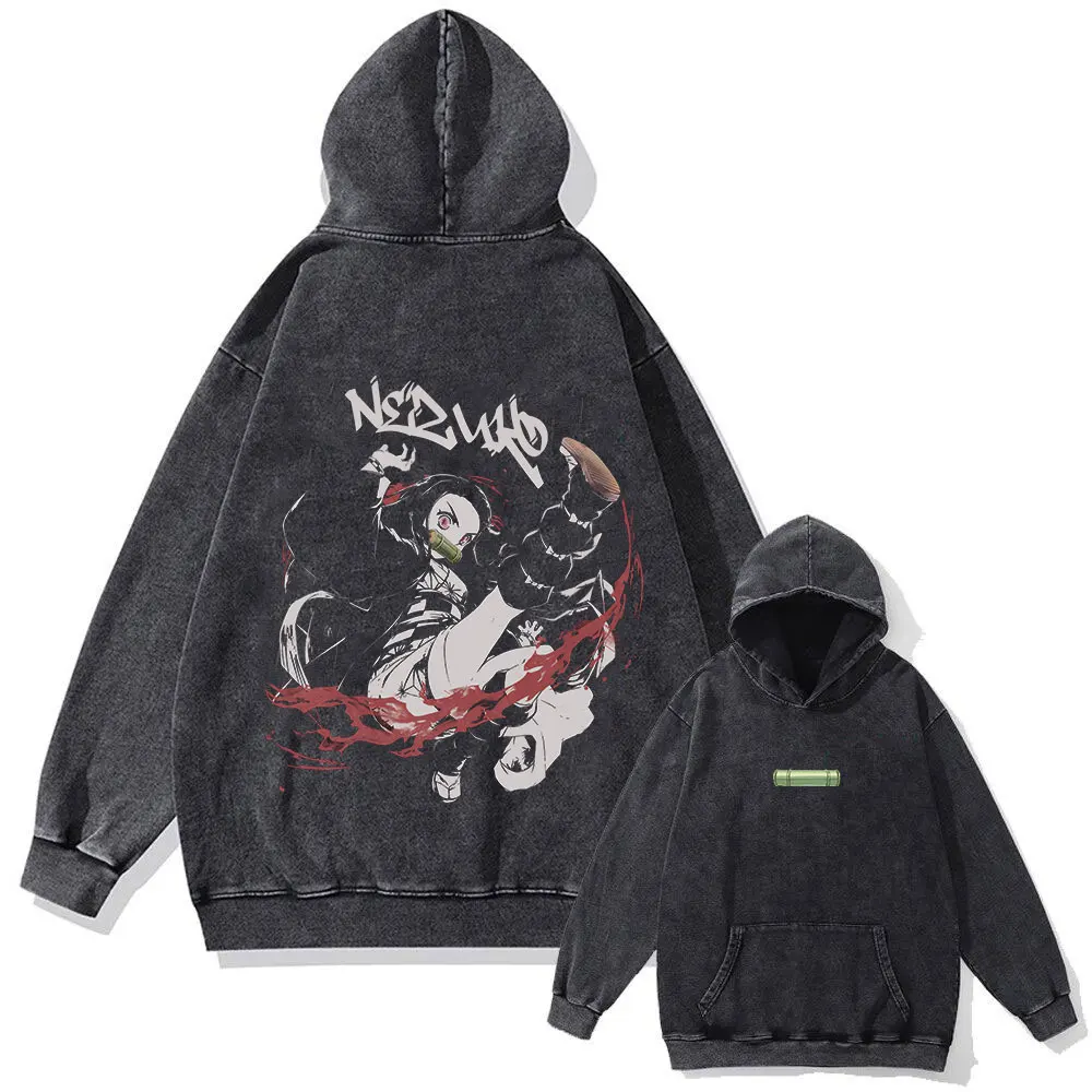 Demon Slayer Vintage Washed Hoodie – 100% Cotton Anime Streetwear