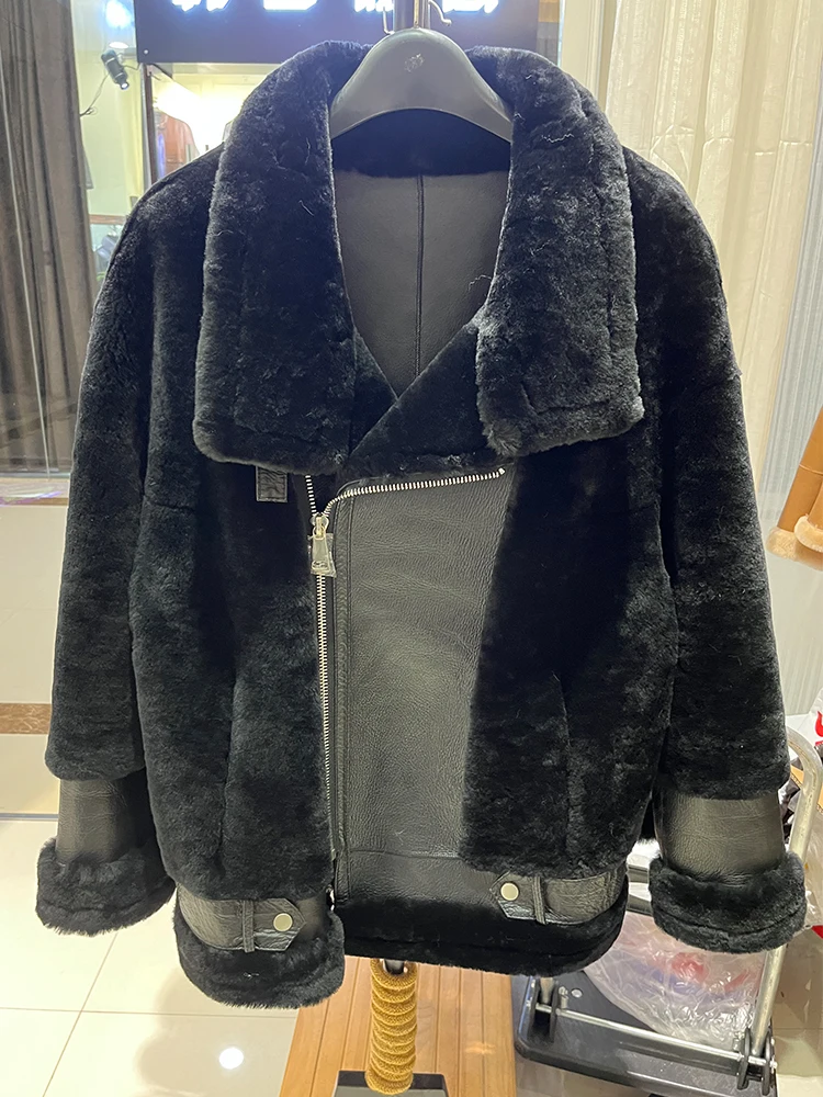 

2023 Women Locomotive Suit Winter Real Natural Merino Sheep Fur Coat Genuine Leather Jacket Thick Warm Luxury Female Coat