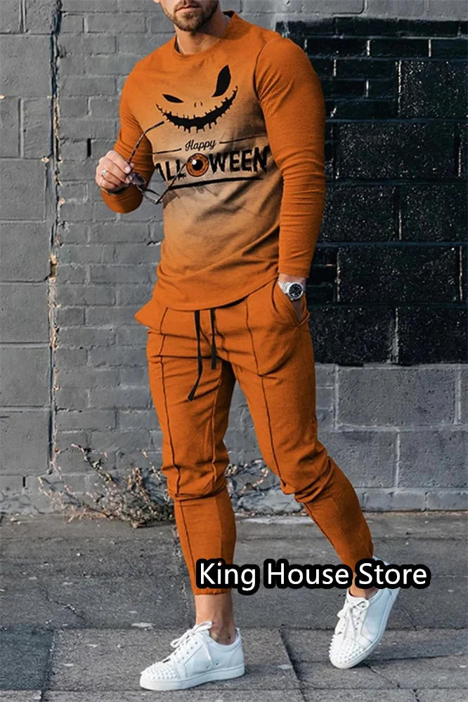 Halloween Pumpkin Men's Outfit Tracksuit 2 Piece Set Long Sleeve Trouser Streetwear Autumn Fashion Oversized Jogger Trouser Set