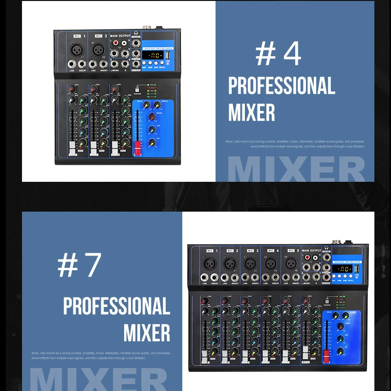 미니 오디오 D 믹서 사운드 보드 콘솔 시스템, 4/7 채널 팬텀 파워, USB MP3 스테레오 라이브 DJ 스튜디오 스트리밍용