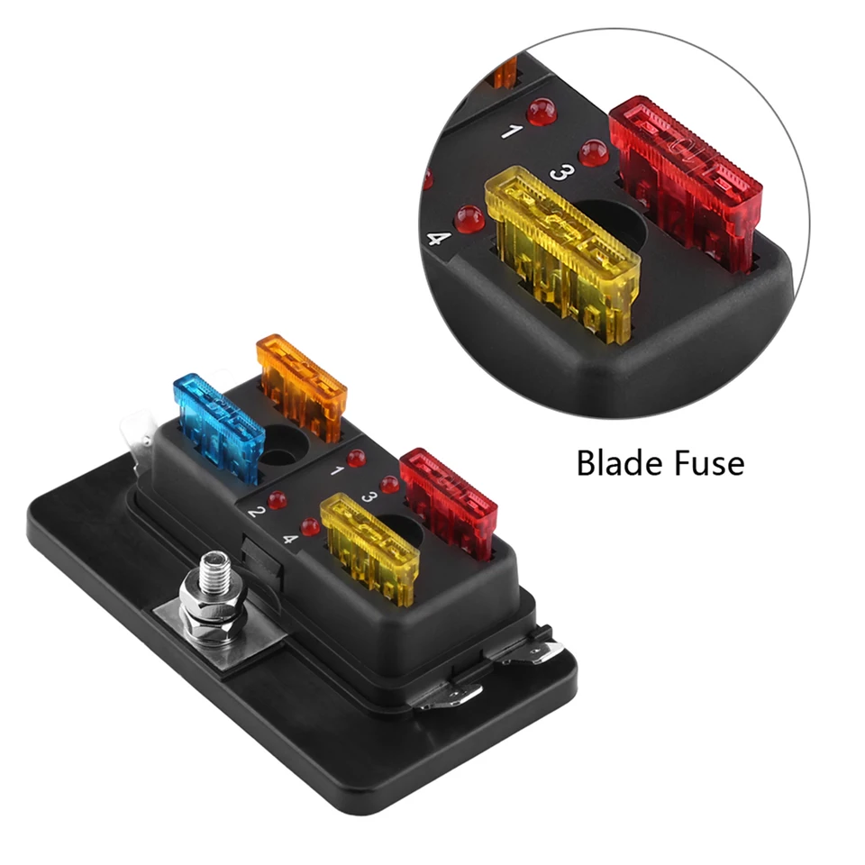 4 Way Blade Fuse Holder With LED Indicator - Waterproof Fuse Box For Car, Boat, RV, 0/4GA Input, 30A/60A Fuses Included