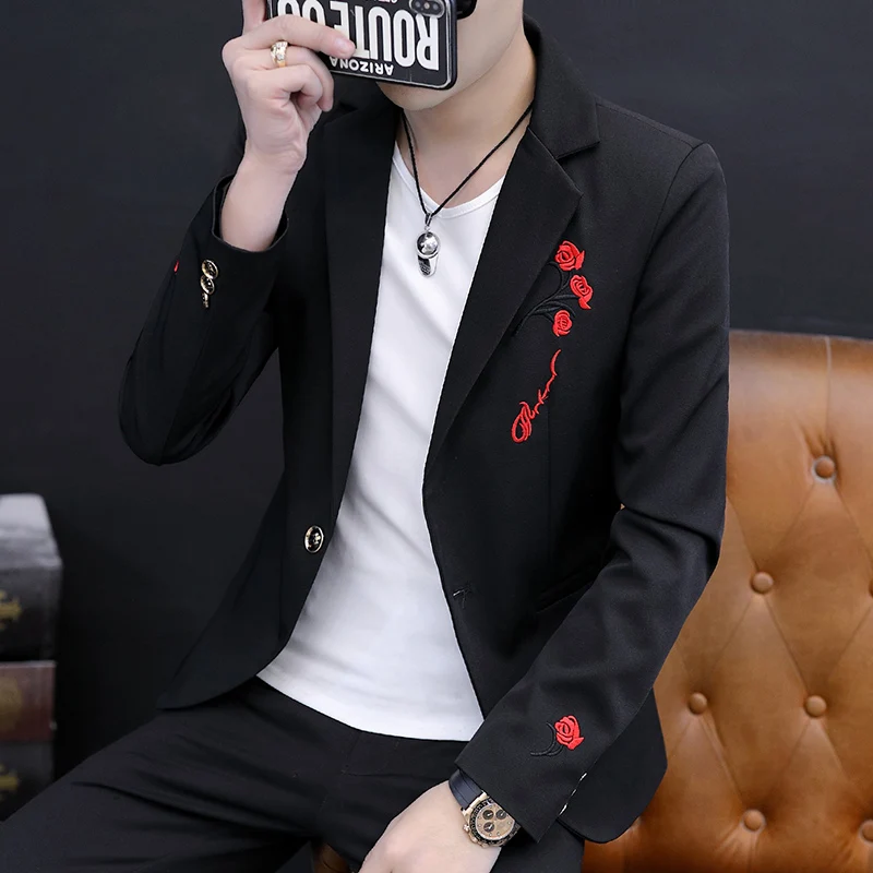 New explosive spring slim casual handsome embroidery pattern all matching style single west personality fashion men's clothing 4