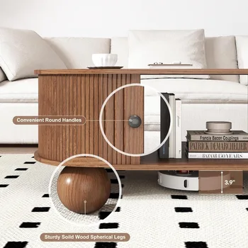 Oval Coffee Table with Storage 47.3 Mid Century Modern Coffee Tables with Sliding Tambour Doors Wood Fluted Accent Center Table 4