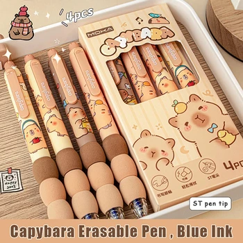 Set di 4 Penne Gel Cancellabili Kawaii a Forma di Capibara, Asciugatura Rapida, Scrittura Fluida, Penne Neutre Estetiche Carine per Studenti