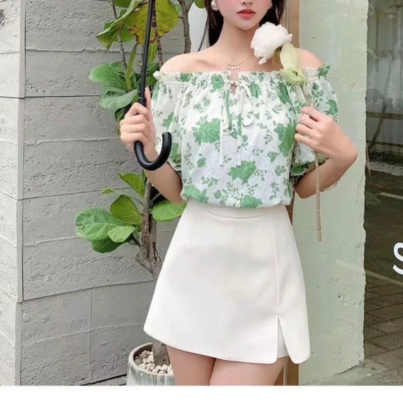 Women's 2024 Summer New Fashion Commute Slash Neck Short Sleeve Chiffon Blouses Off Shoulder Printed Drawstring Pullover Shirts
