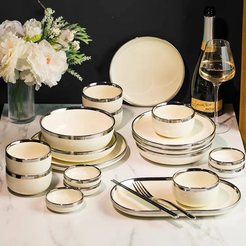 Creamy Yellow Ceramic Plates With Silver Rim Steak Serving Plate Bowls Ins Dinner Dish Porcelain Dinnerware Set For Family Hotel