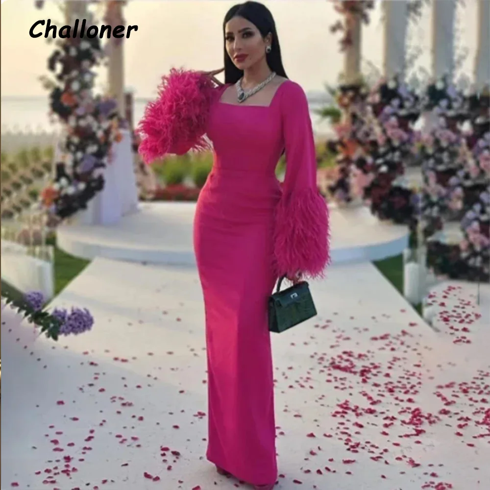 

Challoner Elegant Mermaid Evening Dreses New Feathers Long Sleeves Floor Length Wedding Party Formal Gown Arabia فساتين السهرة