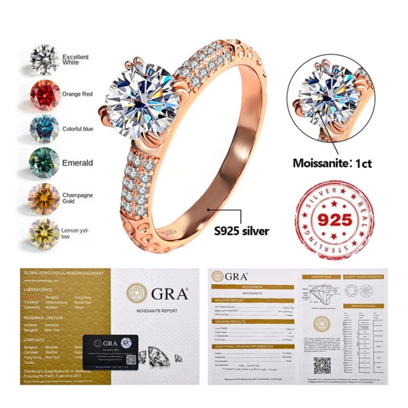 

1 Carat Color Moissanite Ring S925 Sterling Silver Platinum For Women VVS D-COLOR Engagement Wedding Diamond Ring Luxury Jewelry