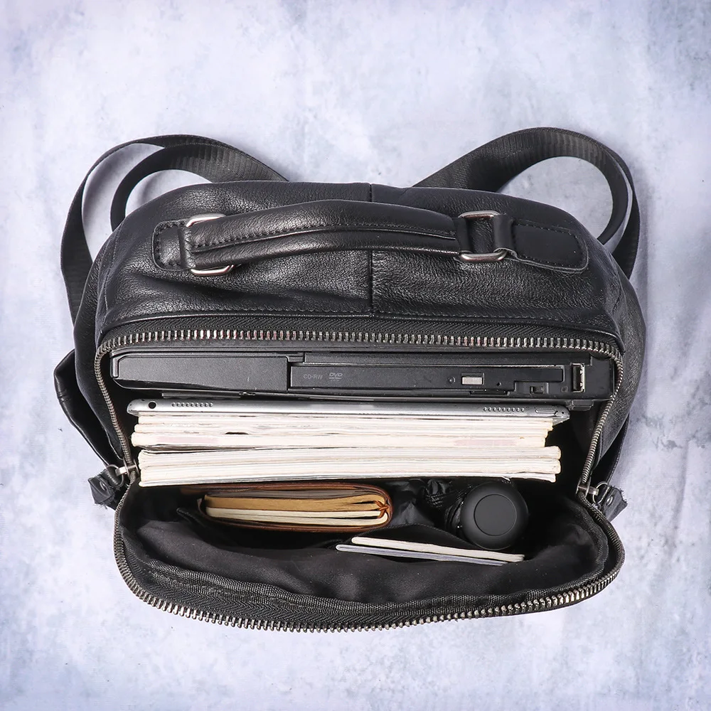 Men's Full-Grain Leather Backpack Slim Black Cowhide Laptop Bag for Office & Campus