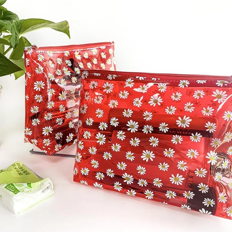 3PCS Portable Transparent PVC Daisy Waterproof Cosmetic Bag,Clear Pouch for Travel,Pen Pouch with Zipper,Cosmetic Brush Bag