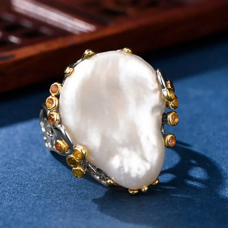 Genuine s925 sterling silver rings for Women New Fashion exaggerate Baroque freshwater pearl micro inlay zircon hollow jewelry