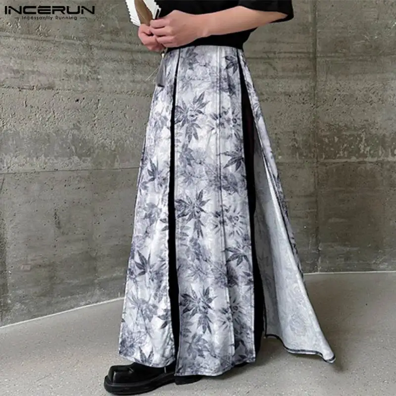 INCERUN 남성용 와이드 레그 팬츠, 프린트 패치워크 단추, 느슨한 불규칙 바지, 스트리트웨어 조거 패션, 캐주얼 바지, 2024