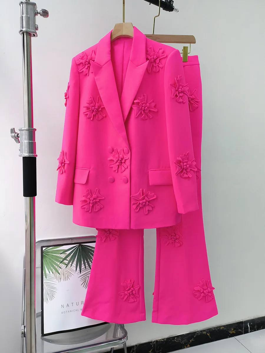 Rose Red Suits Set for Women Fashion Jacket Flower Design Flared Pants 2 Piece Pantsuits Coat + tROUSERS