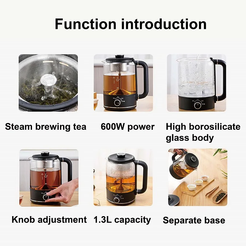 1.3L Tea Maker 4 Gear Black Tea Pu'er Glass SteamTeapot Automatic Keep Warm Electric Kettle Multifunction Home/Office Health Pot 6