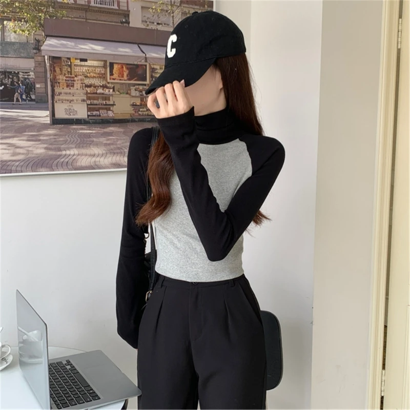 

Women Turtleneck Sweater Top Raglan Long Sleeve Ribbed Knitted Fit T-Shirt