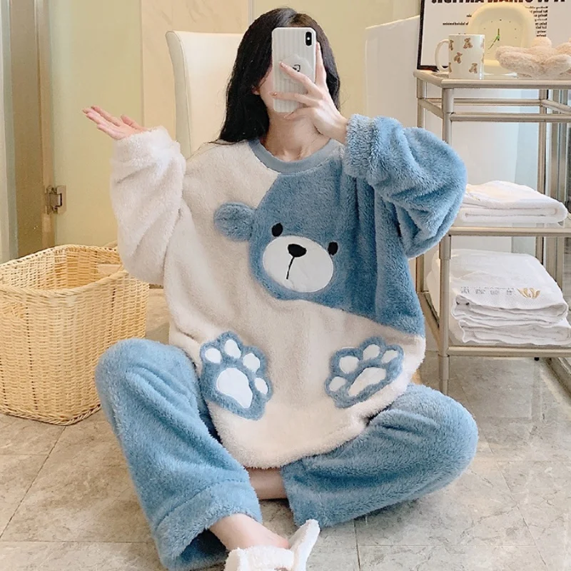 Winter Women's Plush Pajamas Set Sweet Cute Bear Thickened Coral Fleece Sleepwear Cartoon Casual Home Suit Ladies Loungewear