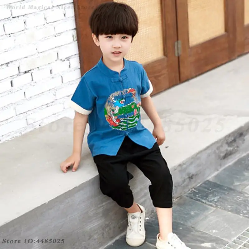 New Retro Chinese Tang Suit Boys Kids Dragon Embroidery Hanfu Traditional Kungfu Uniforms New Year Outfit Birthday Gift