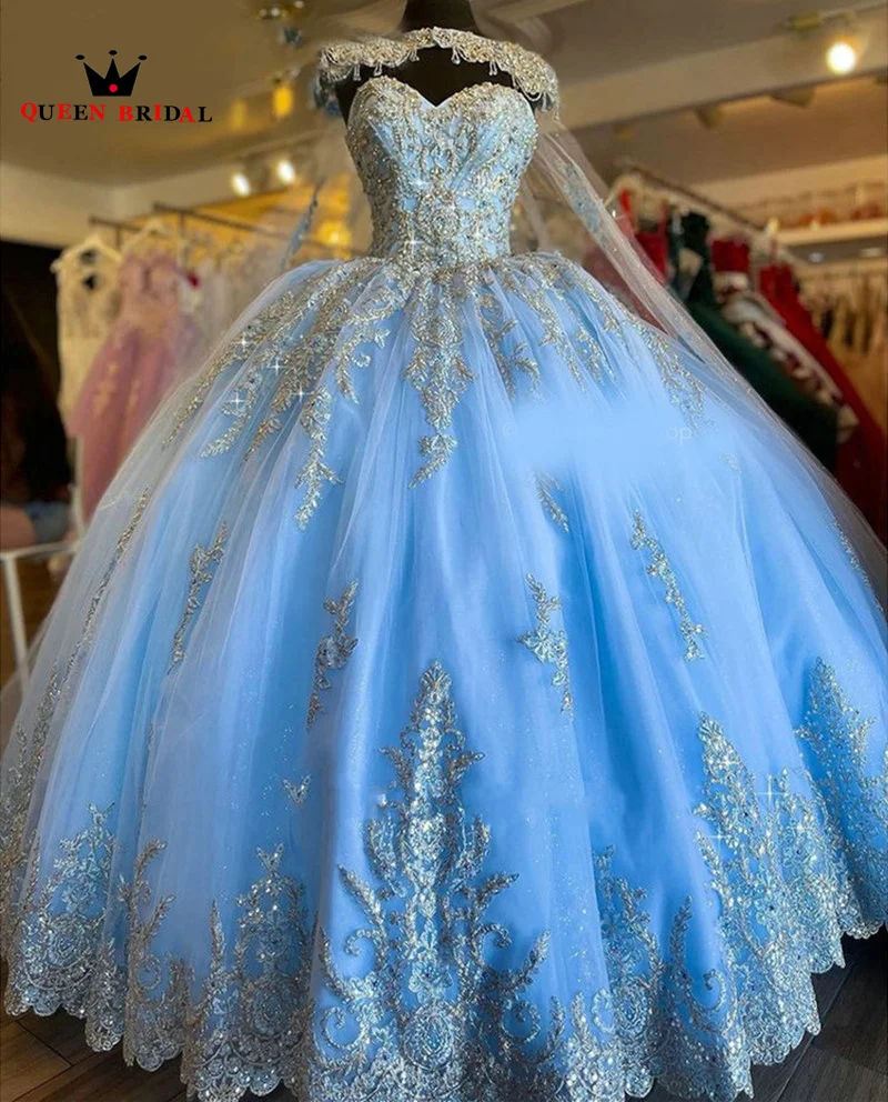 

Sky Blue Sweetheart Quinceanera Dresses Appliques Beaded Ball Gown With Cape Pageant Graduation Party Vestidos De 15 Años WS06