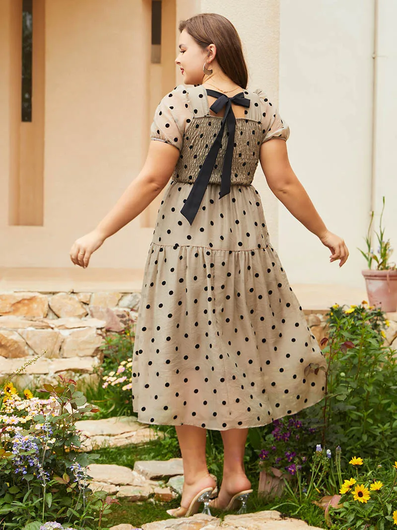 Plus Size Long Polka Dot Dress Women Elegant Summer Big Size Dress Women Khaki Chiffon Plus Size Maxi Dresses For Women 2023