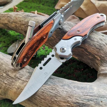LED Light Folding Blade Knife with Wooden Handle for Hunting, Self Defense and Survival - Portable and Versatile Pocket Knives 1